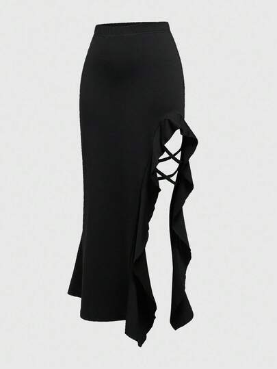 PETITE Jupe mini fendue à volants de base rétro pour femmes, style festival de musique sexy