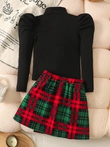 SHEIN Tween Girl Knit Solid Stand Collar Gigot Sleeve Top And Woven Plaid Skirt 2 Pieces Set - Black - View 2