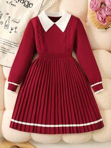 SHEIN Tween Girl Casual Jacquard Ruffle Collar Long Sleeve Knit Dress, Red Dress, Suitable For Christmas, New Year Party, Preppy Style, Daily Wear - Red - View 3