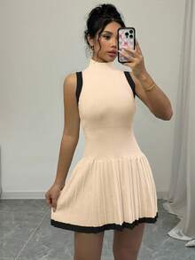 Elenzga Women's Fashion Casual Stand Collar Sleeveless Pleated Sweater Dress - Apricot - View 3