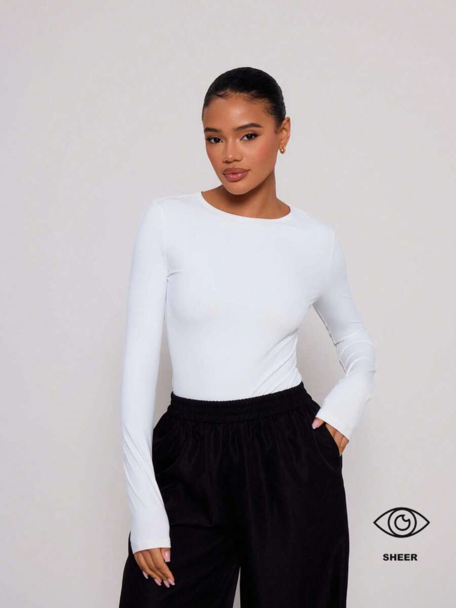 MUSERA 圆领长袖连体衣，修身休闲胶囊衣橱必备单品，适合日常商务办公、返校季、秋冬季、白色家居服和情人节穿着。