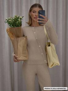 MUSERA Asymmetric Button Down Thick Rib Long Sleeve Sweater Top Only Streetwear Cute Classy Casual Sexy Going Out Toffee Evening Party Elegant - Apricot - View 1