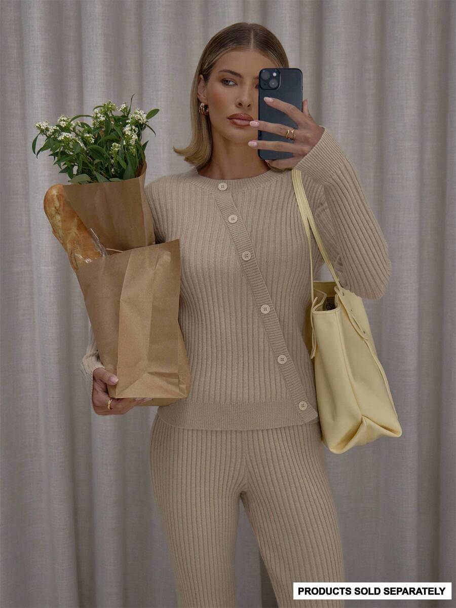 MUSERA Asymmetric Button Down Thick Rib Long Sleeve Sweater Top Only Streetwear Cute Classy Casual Sexy Going Out Toffee Evening Party Elegant - Apricot - View 1