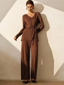 SHEIN Unity Damen braunes, lässiges, elegantes, weiches Fleece 2-teiliges Set Co-Ords, Neuheit für Herbst/Winter Frauen Neujahr Weihnachten Ausgehen Party Pendeln Anlass - Kaffeebraun - Übersicht 4