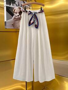 Franclia 女士优雅白色纹理褶裥直筒阔腿裤，饰有缎带垂褶，女士西装裤，适合婚礼宾客、秋冬季新年感恩节派对、婚礼、优雅休闲奢华圣诞节新年派对、毕业舞会、角色扮演、国庆节新年外出、毕业典礼等场合，优雅时尚休闲通勤商务办公日常休闲百搭气质都市教师职业装 - 杏色 - 查看 5