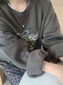 DAZY 女士虎纹抓绒圆领卫衣和豹纹长裙休闲两件套，冬季家居服套装 - 深灰色 - 查看 8