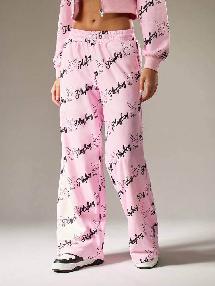 Missguided x Playboy Oversized Classic Wide Leg Joggers Bunny Print Loungewear Fleece Sweatpants Comfortable Elastic Waist Cozy Winter Pants