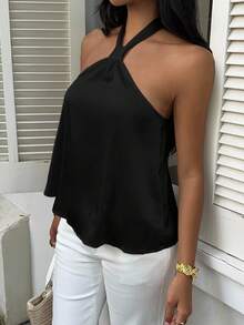 MainGRL 女士性感纯色缎面露背吊带衫，夏季黑色缎面吊带背心，黑色吊带衫，黑色露背吊带衫，女士黑色无袖上衣 - 黑色 - 查看 4