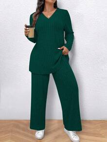 EMERY ROSE 大码纯色长袖上衣和裤子两件套，秋季休闲装 - 墨綠色 - 查看 1