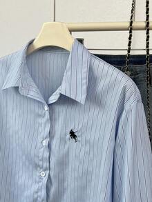 Elamini 1 pieza Camisa de mujer casual de manga larga con botones, estampado de rayas y bordado, estilo minimalista para uso diario, primavera/otoño - Azul - Ver 12