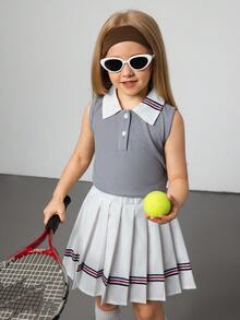 Hanevo 女童马球领无袖上衣 + 百褶迷你裙 2 件套，夏季 - 灰色 - 查看 5