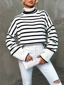 EURMUSE Striped Pattern Turtleneck Drop Shoulder Jumper - White - View 5