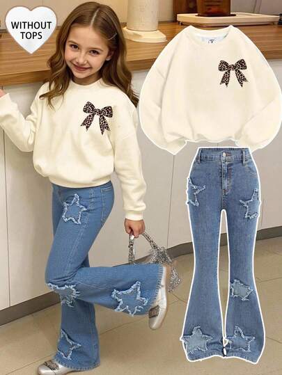 Tween Girl Y2K Light Washed High Waist Star Patched Embroidered Pocketed Cute Flare Leg Jeans Casual Flare Pants, Fall Winter Back To School Homecoming Jeans, Pants Streetwear Vintage,Comfortable And Versatile, For 8-12 Years Old, Suitable For School, Home And Travel,Elastic Waist, School, Campus, College,EMBROIDERY JEANS PANTS