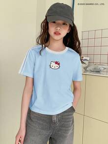 HELLO KITTY | DAZY Tween Girl Collaboration 圆领针织短袖夏季 T 恤，加大码 - 藍色 - 查看 4
