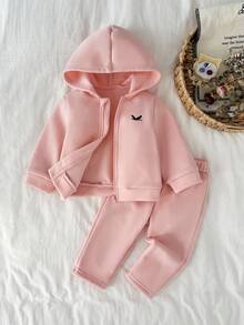 SHEIN 2pcs Baby Girls Soft Comfortable Cute Embroidered Pink Thermal Lined Hoodie Sweatshirt And Pants Set, Autumn/Winter Fall - Pink - View 1