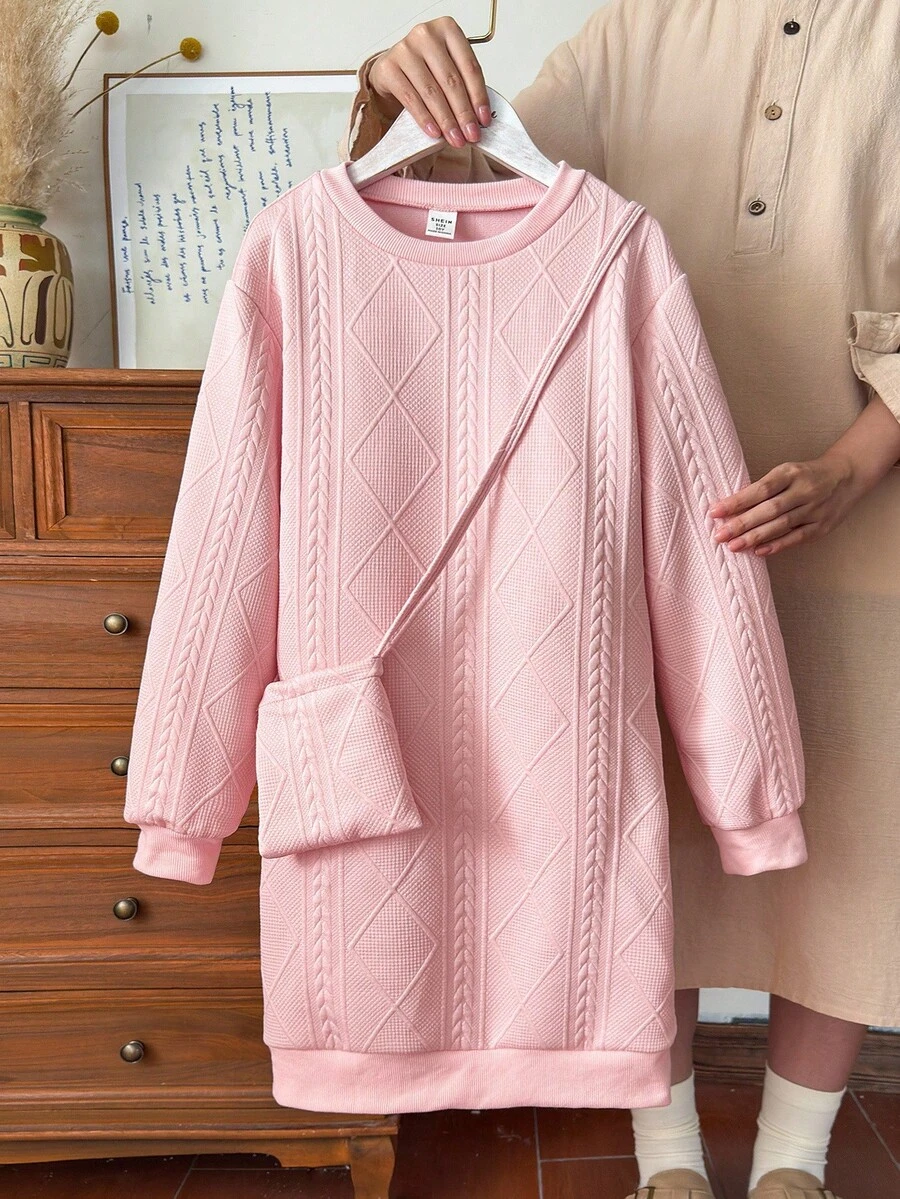 Vintaside Kids Mädchen Sweatkleid Tween mit rosa diamantförmigem Jacquard-Rundhalsausschnitt in Knielänge, geeignet für tägliches Einkaufen, gemütliches Fernsehen zu Hause, Nachmittagstee mit besten Freunden und Teilnahme an gemütlichen Familientreffen.