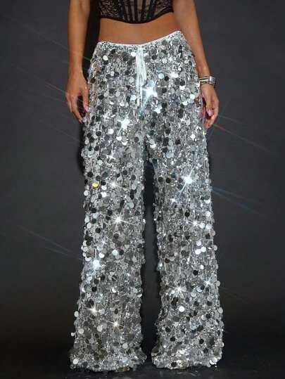 SHEIN x Eduarda Gutierrez SHEIN BAE Pantalones anchos y sueltos con cintura de atar y lentejuelas para mujer