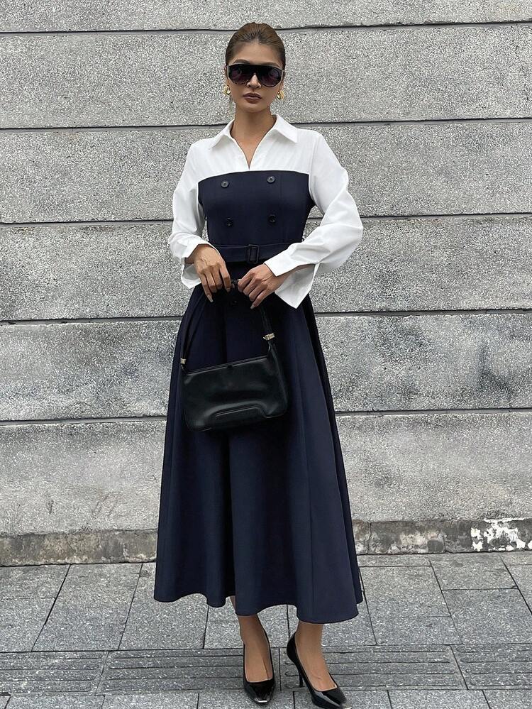 Women's Casual Business Waist Cinched Long Sleeve Midi Dress