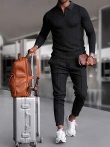 Manfinity Homme Conjunto casual de talla grande para hombre compuesto por una camisa tipo polo de manga larga con cremallera y un pantalón con cordón en la cintura, traje casual de dos piezas para hombre, ropa de viaje, ropa negra casual, ropa casual de talla grande, ropa de otoño