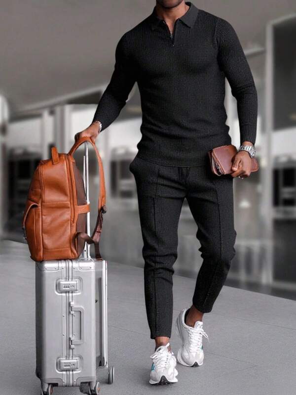 Manfinity Homme Costum casual pentru bărbați, mărime plus, cu fermoar, culoare solidă, cu guler polo, mânecă lungă și pantaloni cu talie cu șnur, costum casual pentru bărbați, set din două piese, ținută de călătorie pentru bărbați, ținută neagră pentru bărbați, ținută casual pentru bărbați, mărime plus, haine de toamnă