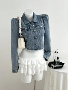 Elamini 單排扣毛邊下擺泡泡袖牛仔夾克 - 中等水洗藍 - 查看 1