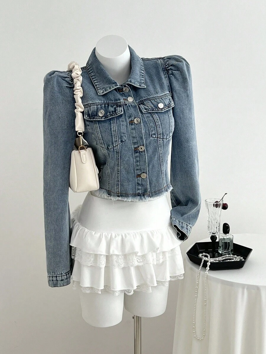 Elamini 單排扣毛邊下擺泡泡袖牛仔夾克 - 中等水洗藍 - 查看 1