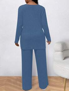 EMERY ROSE 大码女式 V 领长袖罗纹 T 恤和裤子休闲两件套 - 寶藍色 - 查看 2