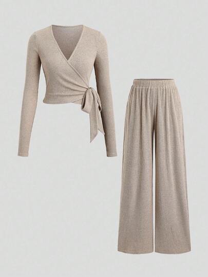 Sweetra Women's Textured Fabric Casual Commuter Tie Bow Blouse And Pants Set, Autumn