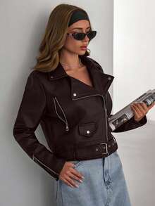 SHEIN Zip Up PU Belted Detailed Leather Moto Jacket, For Autumn/Winter - Brown - View 6