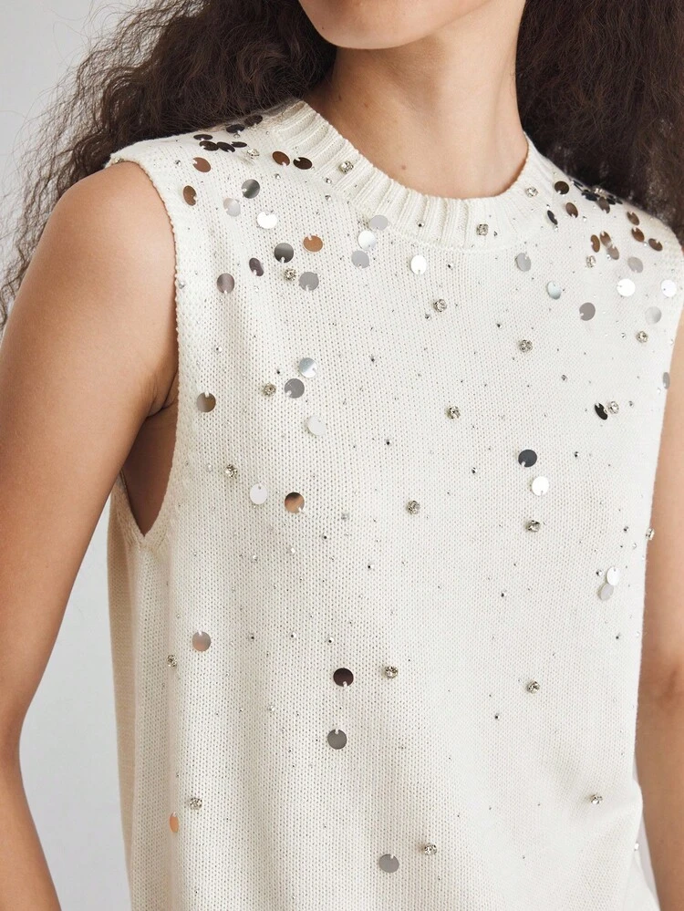 Off-White,Summer,Elegant,Brunch Sequin Embellished Loose Fit Knitted Sweater Vest For Women,Soft Wool Blend Sleeveless Top,Business Casual Office Wear