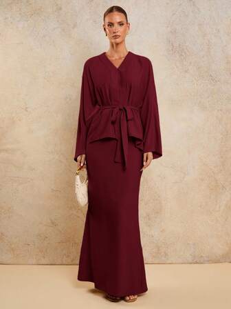 COSMINA Women's Elegant Belted Long Two Pieces Set, Early Autumn