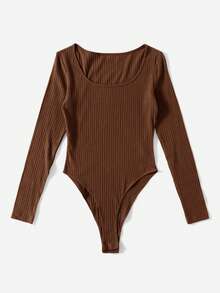 SHEIN EZwear Bodysuit Lengan Panjang Ketat dengan Leher Bulat dan Potongan Pas Badan, Ukuran Plus, Warna Polos - Coklat - View 4