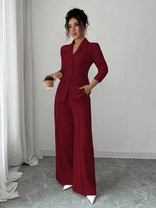 Elenzga 女式勃艮第纯色厚面料 V 领西装外套，搭配黑色撞色纽扣假口袋，教师/办公室正式优雅装扮，适合感恩节、万圣节、圣诞节、旅行、街头风格、正式场合、会议、高端精致秋季 2 件套，长袖短款上衣和阔腿裤 - 酒紅色 - 查看 3