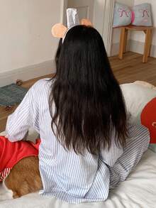 DAZY 卡通女孩英文图案条纹宽松长袖和裤子两件套女士睡衣套装，秋季衣服 - 藍色 - 查看 2