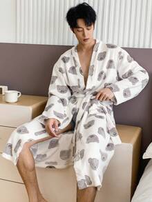 DAZY 男士白色提花绒面印花浴袍，秋冬季，舒适保暖 - 白色 - 查看 7