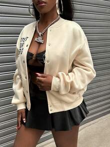 SHEIN Women's Casual Long Sleeve Jacket With Front Button Closure And Letter Print Design - Apricot - View 4