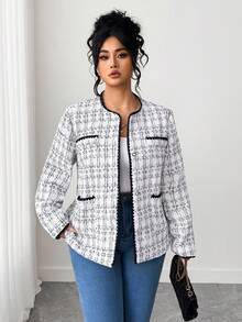 Elenzga Plus Size Shell Lace Tweed Jacket Winter Fall Autumn - Black and White - View 5