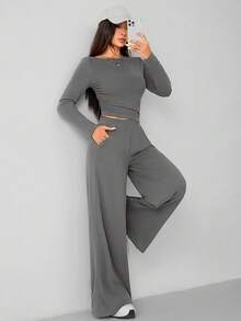 SHEIN PETITE Bộ đồ hai mảnh màu xám đậm mặc nhà thoải mái và dễ chịu cho nữ mùa thu đông áo len mỏng + quần ống rộng - Xám - Xem 4