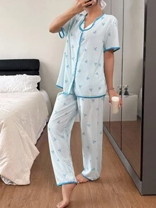 SHEIN Pink & White Striped Bow Cardigan Casual Women Pajama Set - Blue - View 5