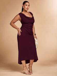 SHEIN BAE Plus Size Women Khaki Asymmetric Metal Dress - Maroon - View 5