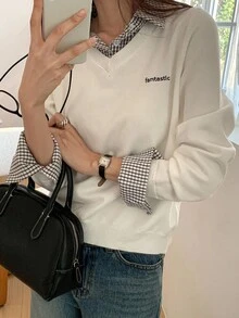 DAZY 女士格子撞色韩版长袖英式刺绣休闲毛衣，秋冬 - 白色 - 查看 3