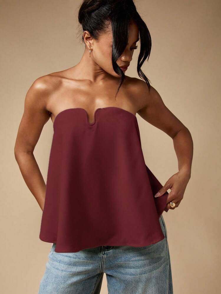 MISSGUIDED Elegant Strapless Flowy Top With Notched Sweetheart Neckline Evening Party Wedding Guest Occasion U Bend Design Summer Spring Fall