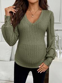 SHEIN Maternity Casual Solid Color Lantern Sleeve T-Shirt Green Long Sleeve Top Maternity Fall Olive Green Top - Army Green - View 4