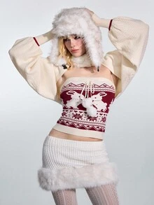 ROMWE Avant Set de 2 piezas de suéter con sensación esponjosa de jacquard estilo Fairisle para mujeres - Top tubo + Cárdigan corto - Multicolor - Ver 6