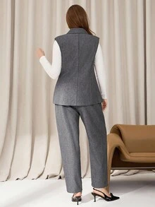 Auralis 大码女装秋冬时尚休闲宽松舒适日常通勤复古深灰色马甲西装外套和紧身裤套装，工作服，秋季服装，老钱风格，商务休闲 - 灰色 - 查看 2