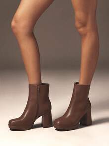 SHUZIA 女式方头粗跟拉链踝靴 - 巧克力棕 - 查看 4