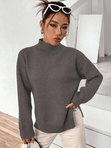 SHEIN LUNE 女式休闲纯色立领侧开衩毛衣，秋冬 - 深灰色 - 查看 6