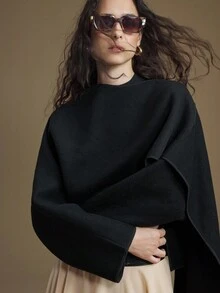 Ontre 2025新款现代都市风格黑色羊毛混纺双面呢大衣宽松版型围巾领长袖商务休闲秋季服装 - 黑色 - 查看 6