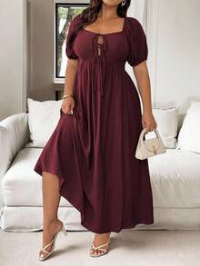 Vionelle 大码女装春夏法式浪漫西西里优雅休闲通勤度假下午茶派对纯色方领蝴蝶结露背A字灯笼袖长裙 - 紫紅色 - 查看 5