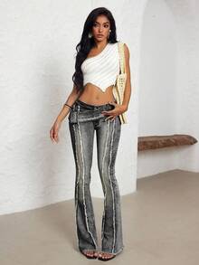 Jeanoix Women's Casual Sun Symbol Eyelet Waist Flare Leg Jeans - Grey - View 4